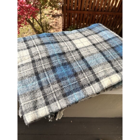 Vintage Pendleton Blanket Gray Blue Plaid Wool 53" x 72" Fringe Throw - Picture 1 of 5